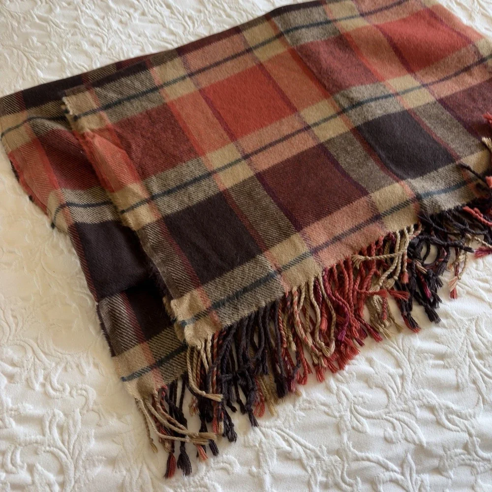 Pottery Barn Ronan Plaid Throw Blanket 50x60 Rust Brown Tan Fringe Fall Lodge